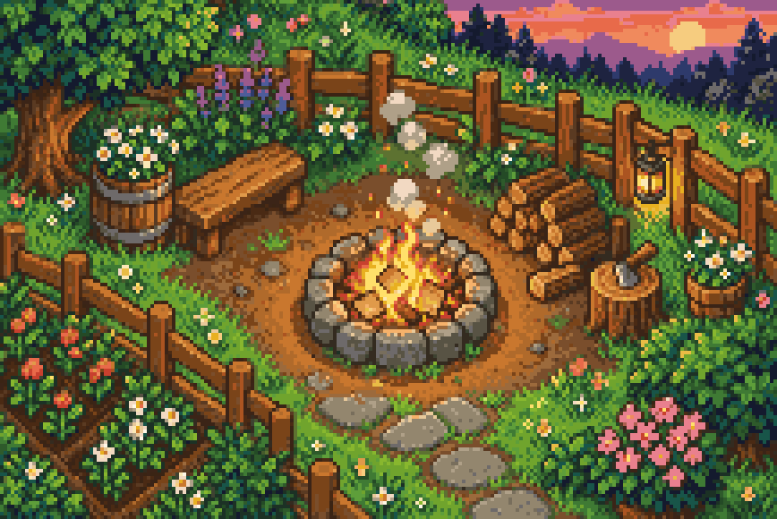 A fire pit by the garden at dusk